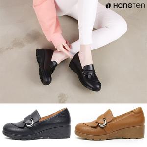 행텐 HT-1080 여성 천연가죽 버클 로퍼 웨지힐 펀칭 단화 발편한 미들힐 캐주얼 구두