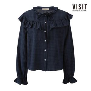 비지트인뉴욕  깅엄 체크 프릴 리본 타이 블라우스 (V63LS06)