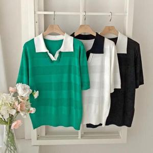 [다잇템]여자 줄무늬 비스코스 카라넥 반소매 니트 (33047417A)