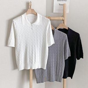 [다잇템]여자 비스코스 단추 카라넥 반소매 니트 (32959223A)