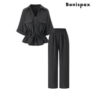[보니스팍스]페플럼 오픈카라 집업 자켓 밴딩 롱 팬츠 셋업 (XQ2OW003L0)