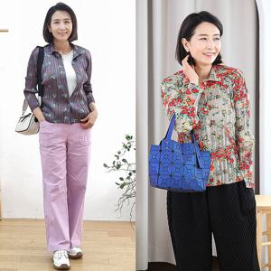 [쉬즈마담]T57491 플로럴 플리츠 카라셔츠 50대엄마옷