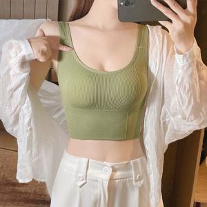 여자 골지 크롭 브라탑 내장패드 나시 요가 홈웨어룩