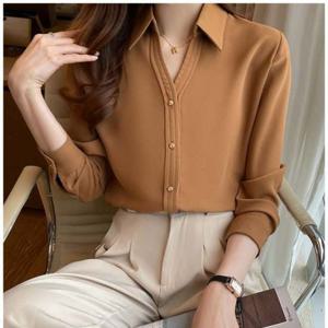 브라운 블라우스 골드버튼 새틴 블랙 화이트