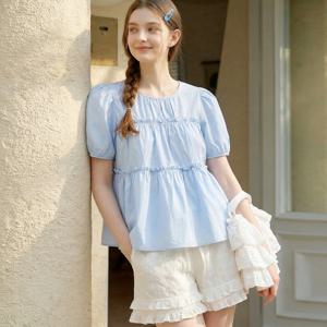 [포커스]퍼프 소매 티어드 코튼 블라우스 PBBF6M1BL5541