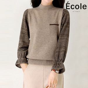 [에꼴드파리]페어 체크소매 반폴라 니트_F48WKB001Z