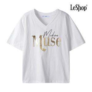 르샵  골드 레터링 프린팅 V넥 반팔 티셔츠 (BQ3TS019A)