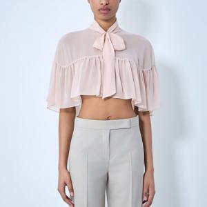 26 SS 막스마라 보우 타이넥 실크 쉬폰 크롭 블라우스 핑크 2614731042600 002