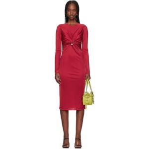 26 SS 베르사체 여성 레드 세이프티 핀 새틴 미디 드레스 251404F054000