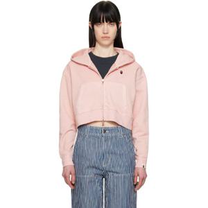 26 SS BAPE 여성 핑크 피그먼트다잉 원 포인트 크롭 집업 후드티 251546F097004