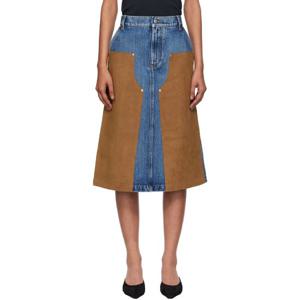26 SS 스텔라 매카트니 여성 블루   탠 믹스 데님    스웨이드 미디 스커트 252471F092000