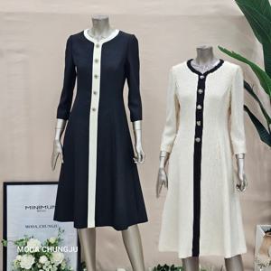 [미니멈]MD 라인배색 버튼 포인트 플레어 원피스 MD MMZBGWO3950