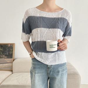 [샵앤]여성 국산 모던 여름 보트넥 반팔 니트 티셔츠 21DS-WKN-2