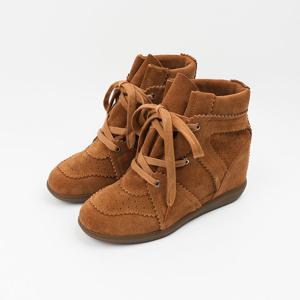 [신난다슈] 여성 하이탑 스니커즈 7cm 여자 키높이 운동화 소가죽 스웨이드 통굽 AG250001 브라운