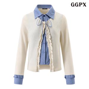 [지지피엑스]셔츠 레이어드 프릴 카라넥 긴팔 가디건 (GQACK007D)