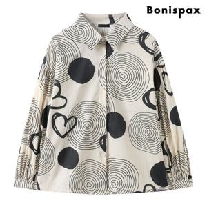 [보니스팍스(여성의류)]빈티지 모던 그래픽 카라 오버핏 셔츠 (XQ1BA002L0)
