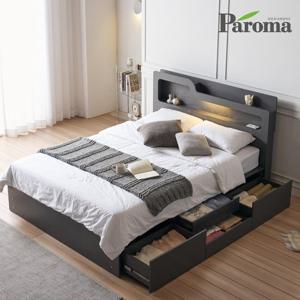 파로마 에단 LED 4서랍 평상형 퀸사이즈 수납 침대+유로탑 본넬매트