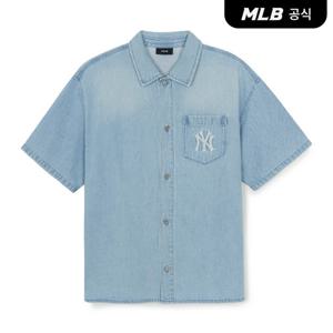 [MLB공식] 26SS 공용 베이직 스몰로고 썸머 텐셀 반팔 데님셔츠 NY (L.Blue) 3ADRB1063-50BLL