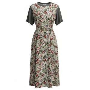 [비꼴리끄(여성)]저지 소매 린넨 프린트 원피스 B252WO6070