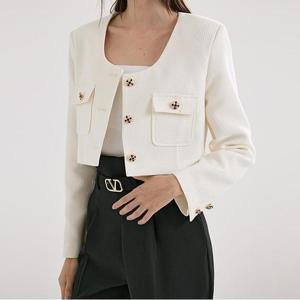 [바이어스]메탈 라운드넥 여성 크롭 숏 노카라 자켓 (9951810A)