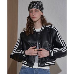 [르니앤맥코이] 라인 배색 세미 크롭 페이크 레더 자켓 MN04JK011HJY