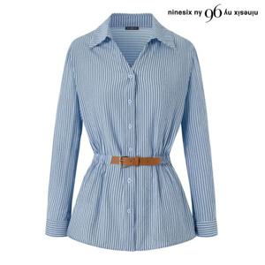 [나인식스뉴욕]벨티드 밴딩 스트라이프 오픈 카라 긴팔 셔츠 (NQ1BA015L0)