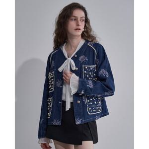 [르니앤맥코이]진주 자수 노카라 라운드 데님 자켓 MN04JK704HJY