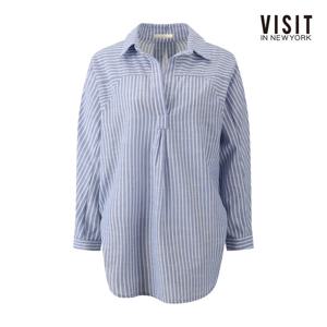 비지트인뉴욕  오픈 카라 스트라이프 핀턱 블라우스 (V63LS07)