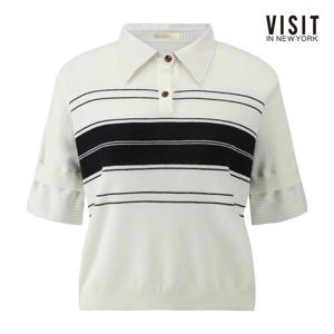 비지트인뉴욕  카라 배색 스트라이프 반소매 니트 (V63LK01)