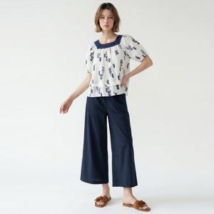 [포커스][2SET] 리프 레이스 배색 블라우스+크롭 와이드 팬츠 PBVFF6M1BL5251