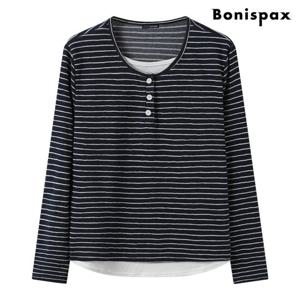 [보니스팍스]스트라이프 레이어드 반버튼 긴팔 티셔츠 (XQ1LW004L0)
