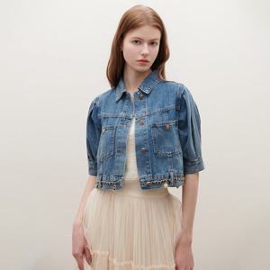 [SATIN] 체인 포인트 퍼프 크롭 데님자켓 O262T101