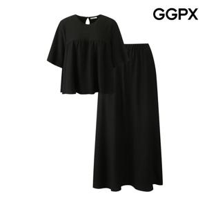 GGPX  셔링 러플 반팔 블라우스 앤 스커트 셋업 (GQ3ST007F)
