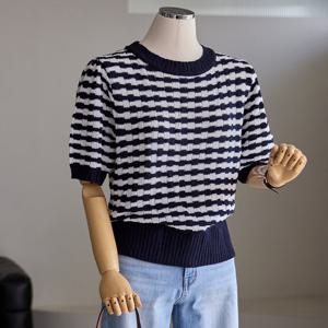 [커스텀에이블] 배색 체크 반팔 니트_T2604KN065B