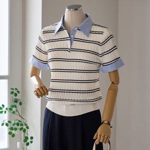 [커스텀에이블] 셔츠 배색 스트라이프 니트_T2604KN063B