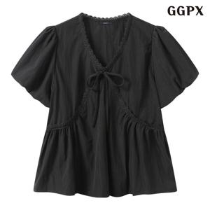 [GGPX]리본 포인트 브이넥 소매 벌룬 반팔 블라우스 (GQBBA003D)