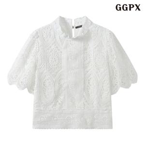 [GGPX]퍼프 소매 펀칭 자수 반팔 블라우스 (GQABA026D)