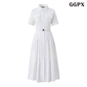 [GGPX]심플 무드 벨티드 버튼 카라 롱 원피스 (GQBOW010D)