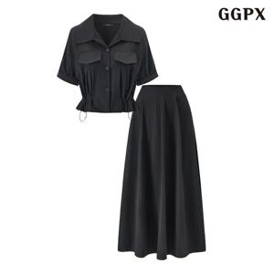 [GGPX]데일리 오픈카라 스트링 반팔 셔츠 롱 스커트 셋업 (GQBOW011D)