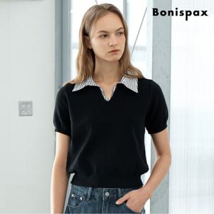 [보니스팍스]카라넥 스트라이프 레이어드 반팔 니트 (XQ2KT004L0)