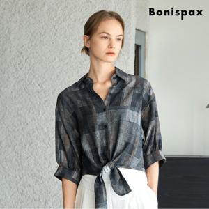 [보니스팍스]체크 패턴 밑단 타이 크롭 반팔 셔츠 (XQ1BA012L0)