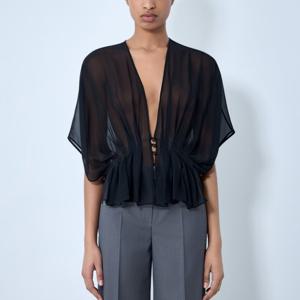 26 SS 막스마라 플리츠 헴 딥 브이넥 시어 실크 블라우스 블랙 2614731052600 007