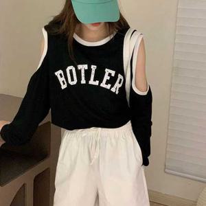 슈팅스타 / 캐주얼 오프숄더 배색 유니크 루즈핏 티셔츠 1111243