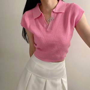 슈팅스타 / 카라넥 슬림 니트 반팔 크롭 티셔츠 529922