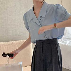 슈팅스타 / 카라넥 루즈핏 더블버튼 심플 블라우스 908545