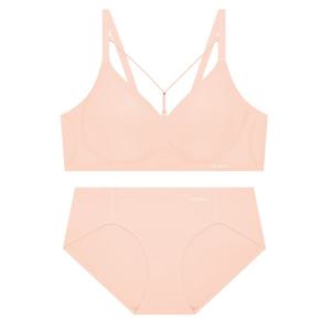 스트링 푸쉬업 심리스 브라 팬티 세트 - 베이지