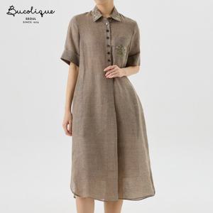 [비꼴리끄]린넨 체크 셔츠 카라 원피스 B262WO2150