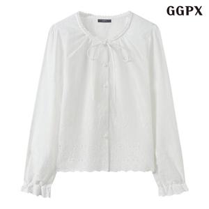 [GGPX]러블리 리본 포인트 라운드 넥 긴팔 블라우스 (GQABA023D)