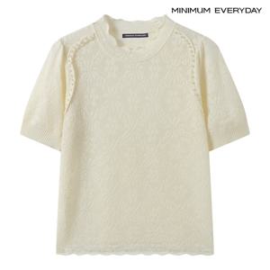 [미니멈][미니멈 에브리데이]페미닌 하이넥 플라워 레이스 반팔 니트 (EC2KT005D)