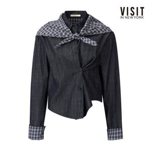 [비지트인뉴욕]체크 숄 레이어드 언발 버튼 배색 데님 긴팔 셔츠 V63LS08